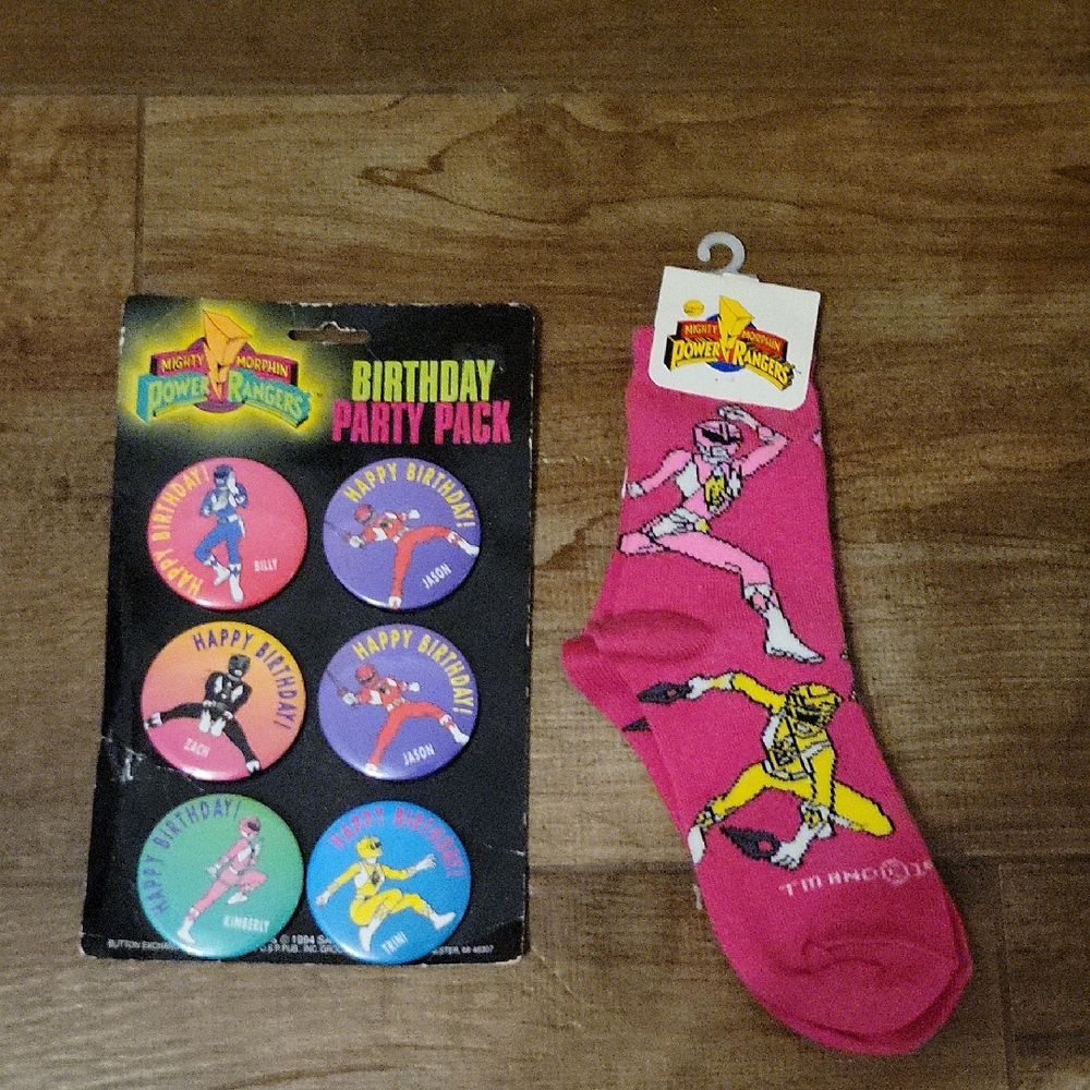 NWT: Vintage 1990's Power Rangers Birthday Party Pack & Power Ranger Pink Socks